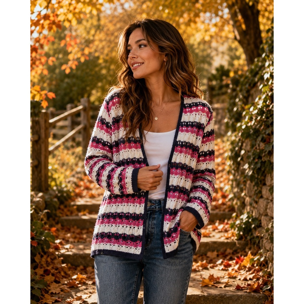 Alfred Dunner Women XL Pink Navy White Crochet Stripe Open Front Cardigan